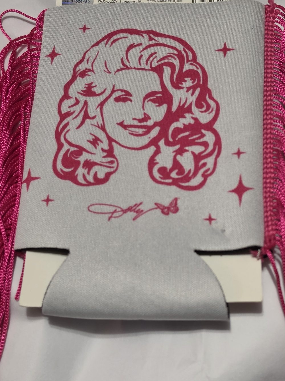 What Would Dolly Do? Pink Fringe Can Cooler - Fun Pink Beverage Koosie